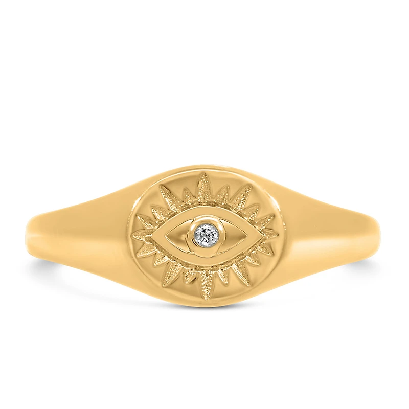 Evil Eye Signet Ring with .01 Carat Diamond in 10kt Yellow Gold