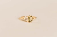 Ring with 7X5MM Elongated Hexagon Olive Quartz and White Topaz in 14KT Yellow Gold