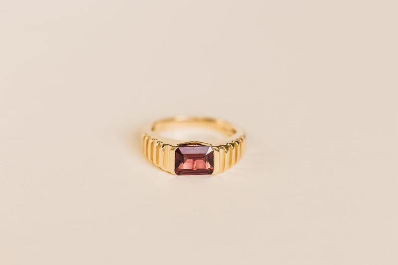 Ring with 8X6MM Emerald Cut Rhodolite Garnet in 14KT Yellow Gold
