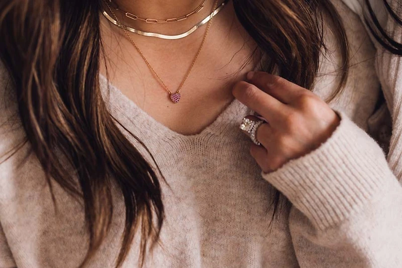 16″+2″ Barbie “Mommy and Me” Heart Necklace with Pink Sapphire in Gold Plated Sterling Silver