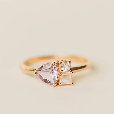 Ring with 6MM Trillion Cut Pink Amethyst, Rose Quartz and Morganite in 14KT Rose Gold