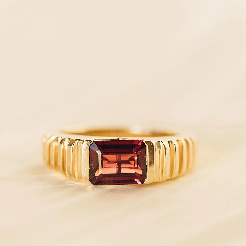 Ring with 8X6MM Emerald Cut Rhodolite Garnet in 14KT Yellow Gold