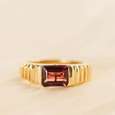 Ring with 8X6MM Emerald Cut Rhodolite Garnet in 14KT Yellow Gold