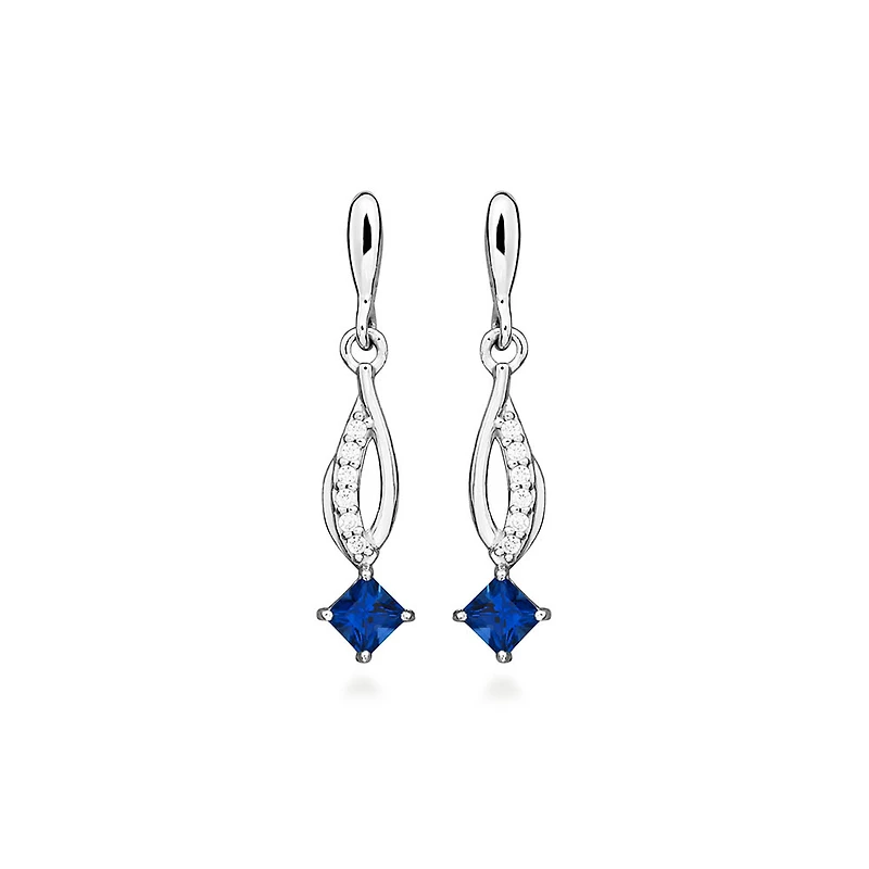 Earrings with Created Blue Sapphire and Cubic Zirconia in Sterling Silver