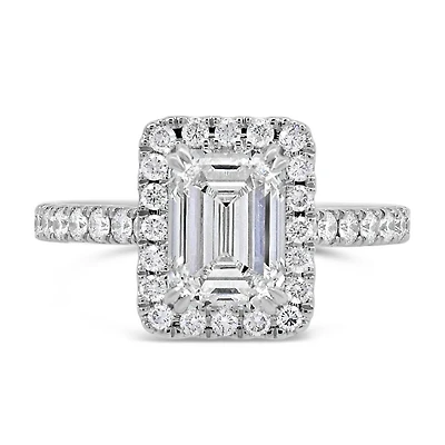 Emerald Cut Halo Engagement Ring with 2.65 Carat TW of Lab Created Diamonds in 14kt White Gold
