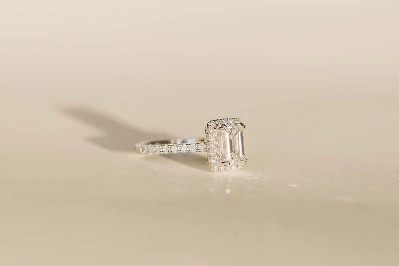 Emerald Cut Halo Engagement Ring with 2.65 Carat TW of Lab Created Diamonds in 14kt White Gold
