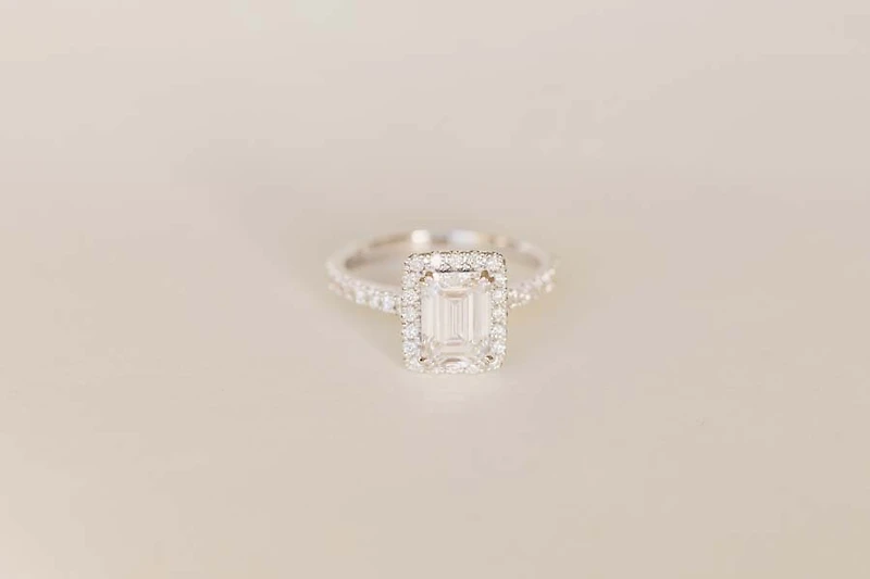 Emerald Cut Halo Engagement Ring with 2.65 Carat TW of Lab Created Diamonds in 14kt White Gold