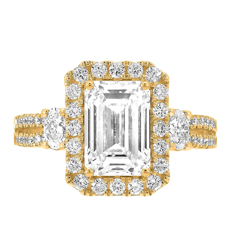 Emerald Cut Halo Engagement Ring with 3.40 Carat TW of Lab Created Diamonds in 14kt Yellow Gold