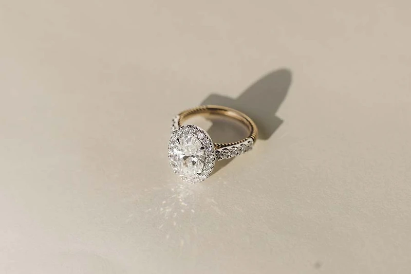 Oval Halo Engagement Ring with 4.20 Carat TW of Lab Created Diamonds in 14kt Yellow and White Gold
