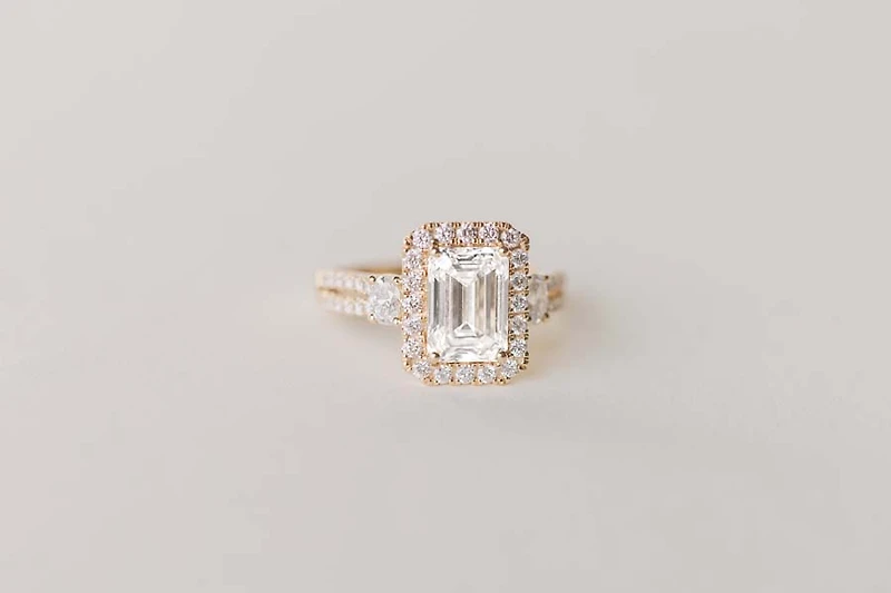 Emerald Cut Halo Engagement Ring with 3.40 Carat TW of Lab Created Diamonds in 14kt Yellow Gold