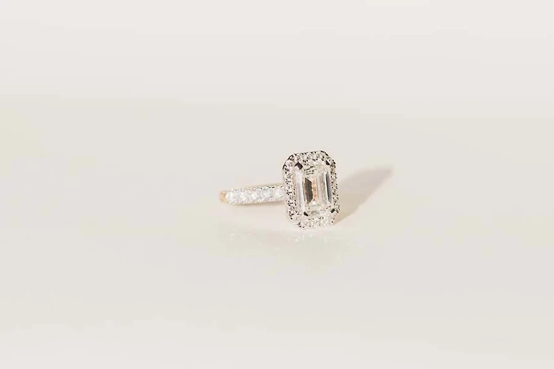Emerald Cut Halo Engagement Ring with Carat TW of Lab Created Diamonds in 14kt Yellow Gold