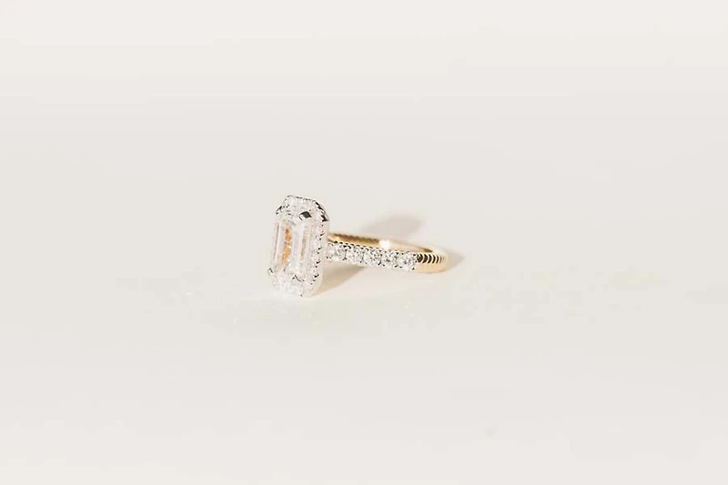 Emerald Cut Halo Engagement Ring with Carat TW of Lab Created Diamonds in 14kt Yellow Gold