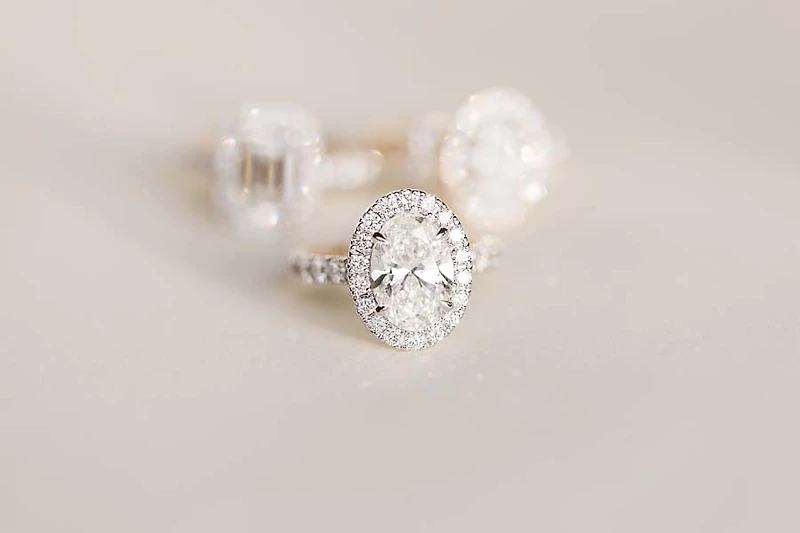 Oval Halo Engagement Ring with 4.20 Carat TW of Lab Created Diamonds in 14kt Yellow and White Gold