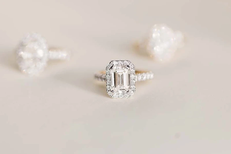 Emerald Cut Halo Engagement Ring with Carat TW of Lab Created Diamonds in 14kt Yellow Gold