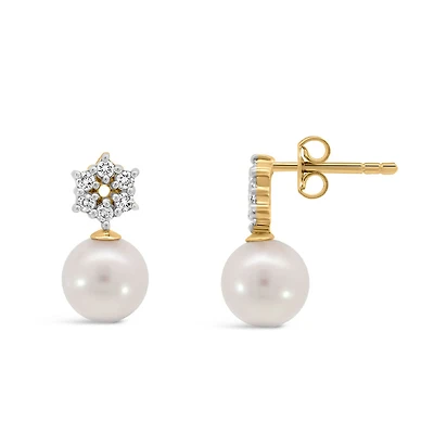 7mm White Freshwater Pearl Earrings with 0.18 Carat TW of Diamonds in 10kt Yellow Gold