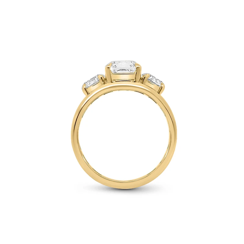 Three Stone Elongated Cushion Engagement Ring with 3.5 Carat Lab Created Diamond in 14kt Yellow Gold