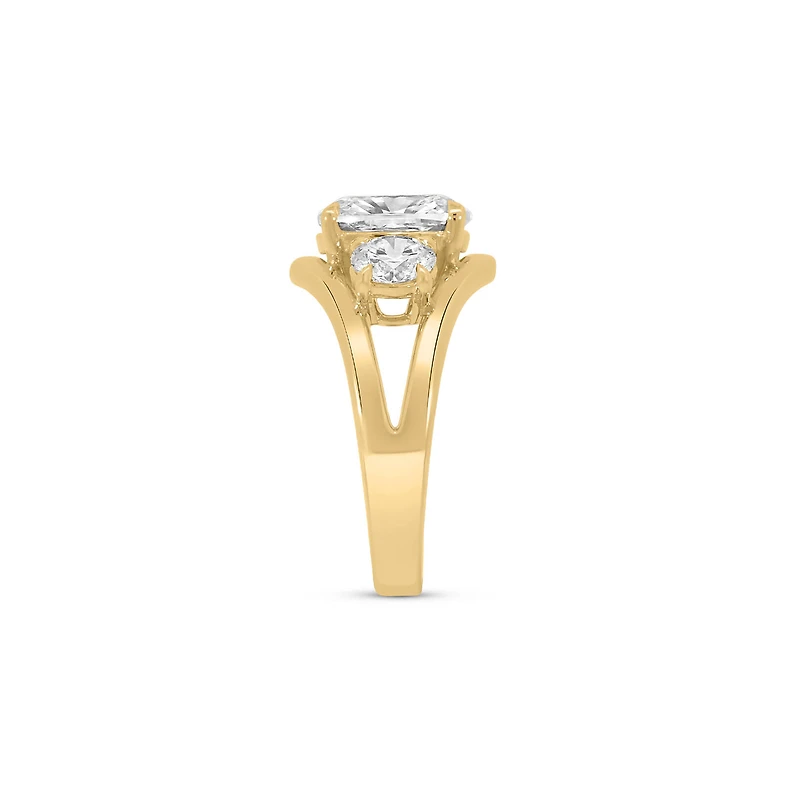 Three Stone Elongated Cushion Engagement Ring with 3.5 Carat Lab Created Diamond in 14kt Yellow Gold