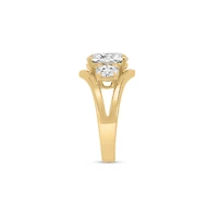 Three Stone Elongated Cushion Engagement Ring with 3.5 Carat Lab Created Diamond in 14kt Yellow Gold