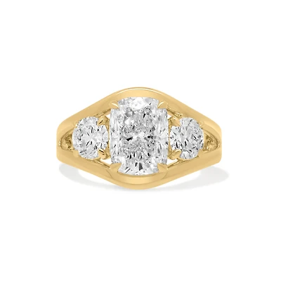 Three Stone Elongated Cushion Engagement Ring with 3.5 Carat Lab Created Diamond in 14kt Yellow Gold