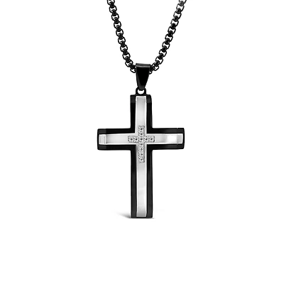 Cross Pendant with Cubic Zirconia in Black and Silver Tone Stainless Steel with 22″ Chain