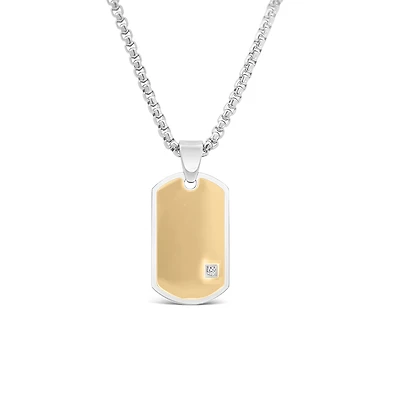 Dog Tag Pendant with Cubic Zirconia in Silver and Gold Tone Stainless Steel with 22″ Chain