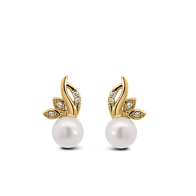 Earrings with 6.5mm Freshwater Pearl and .04 Carat TW of Diamonds in 10kt Yellow Gold