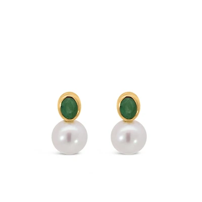Earrings with 6.5mm Freshwater Pearl and Emerald in 10kt Yellow Gold