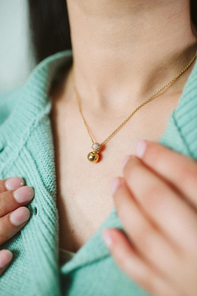 7MM Ball Pendant with Cubic Zirconia in Gold Plated Sterling Silver with Chain