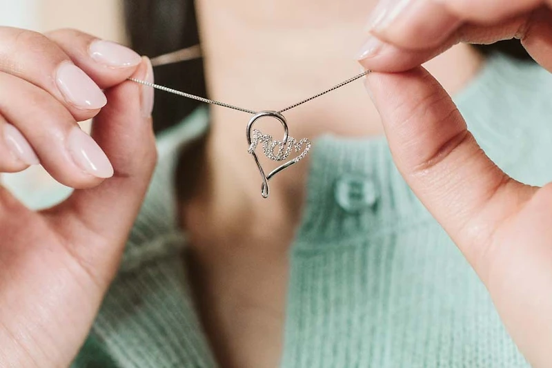 Mom Heart Pendant with .15 Carat TW of Diamonds in Sterling Silver with Chain