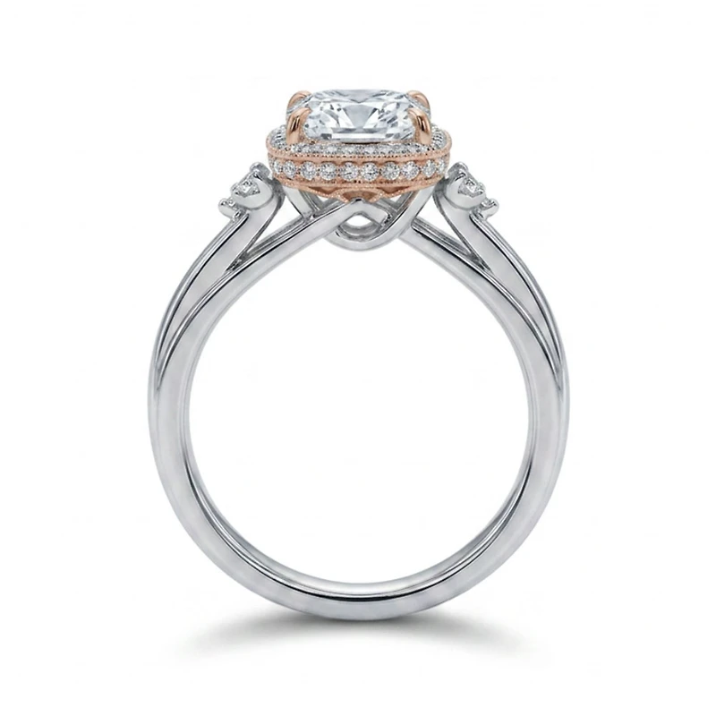 Cushion Cut Engagement Ring with 3.25 Carat TW of Lab Created Diamonds in 14kt White and Rose Gold