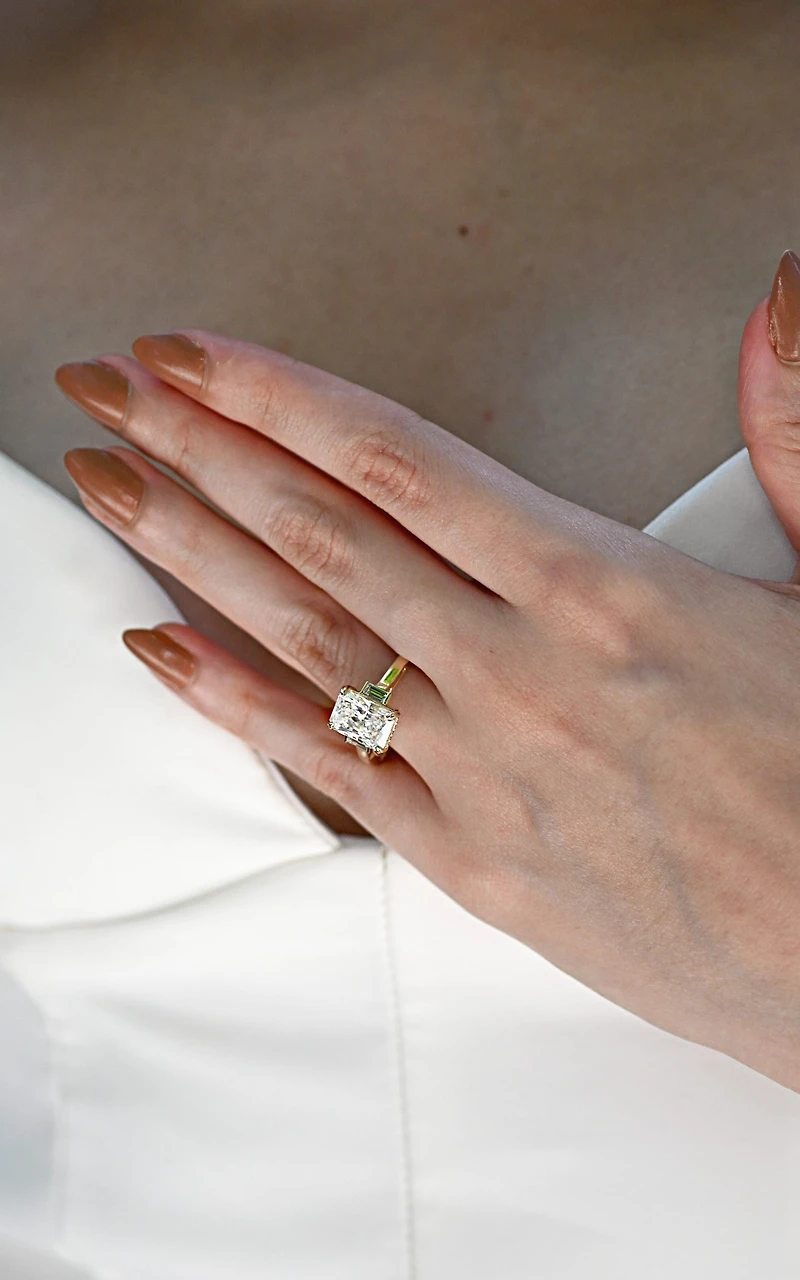 Elongated Radiant Engagement Ring with 3.25 Carat TW of Lab Created Diamonds in 14kt Yellow Gold