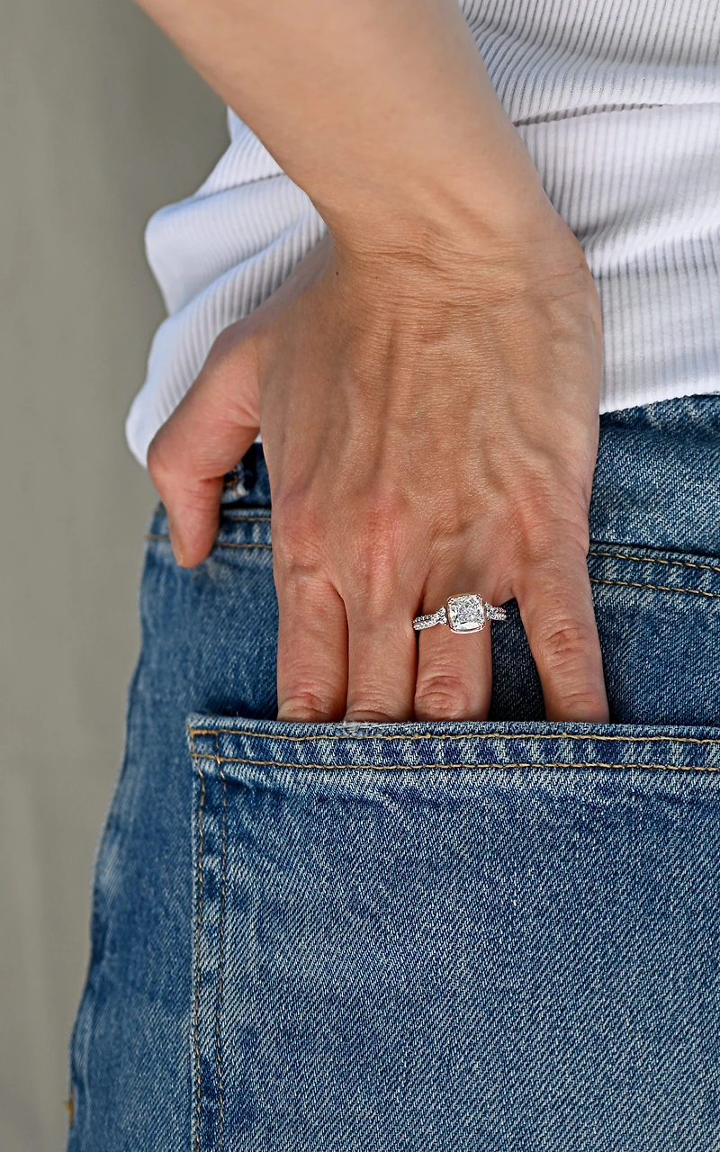 Cushion Cut Engagement Ring with Carat TW of Lab Created Diamonds in 14kt White and Rose Gold