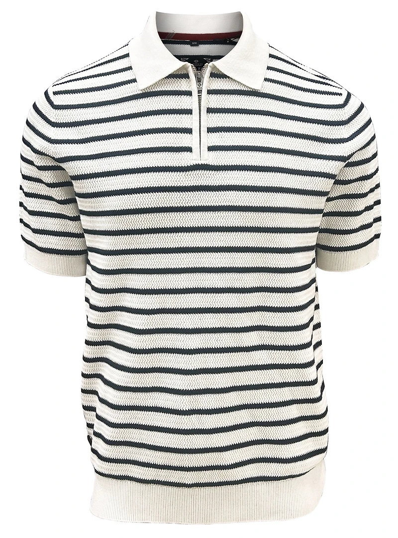 DAVID | Semi-fit textured horizontal stripe cotton polo with zipper