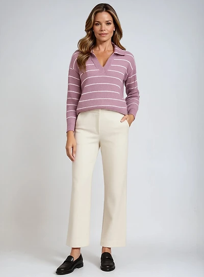 THEA | Collared V-Neck Long Sleeve Striped Sweater