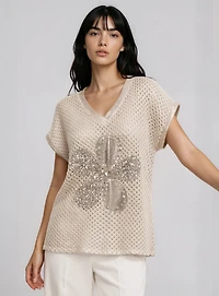ALYA | Mesh Knit Top with Sequin Flower Detail
