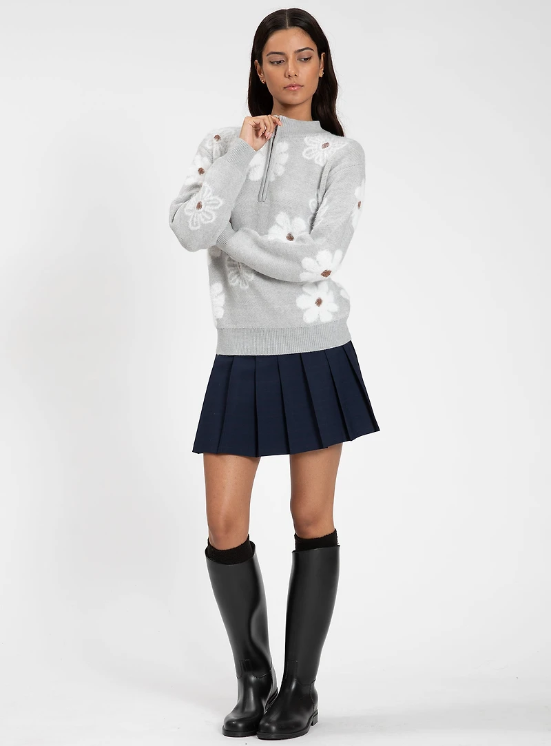 LEANE | Mock-Neck Half-Zip Jacquard Floral Sweater
