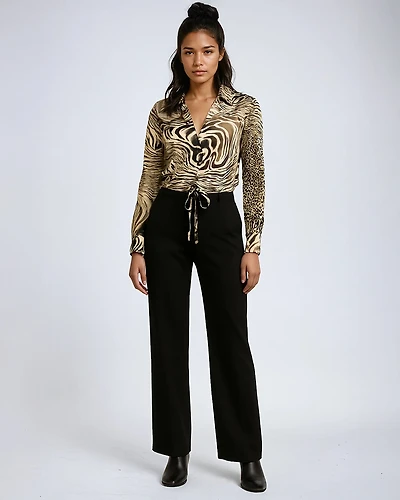 SORAH | Long-Sleeve Printed Satin Shirt with Front Tie