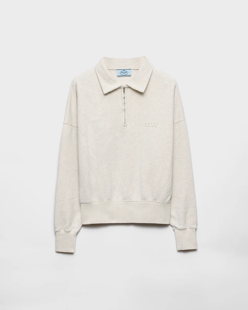 Long-sleeved cotton fleece polo shirt