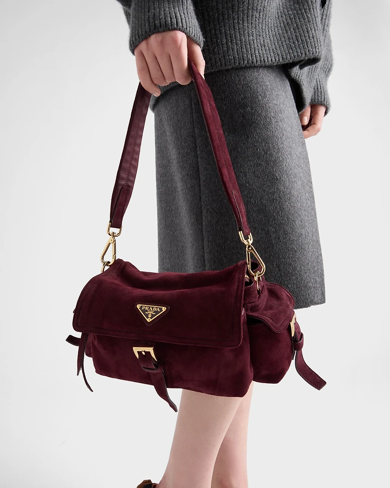Prada Explore medium suede shoulder bag with flap