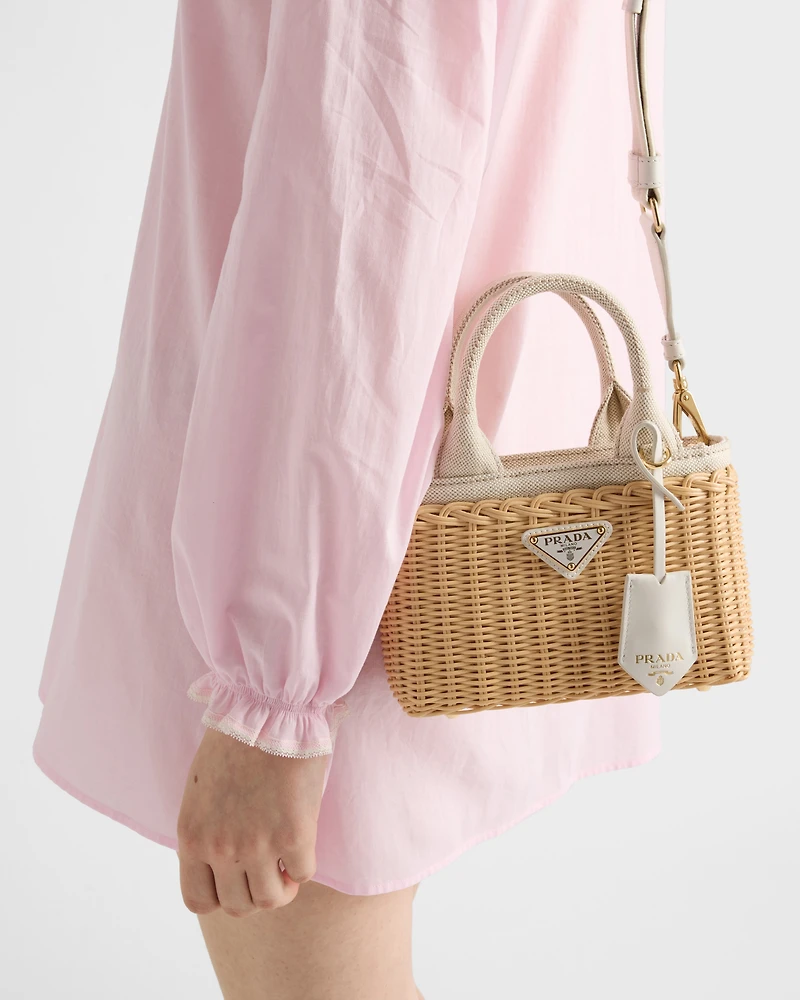 Mini wicker and linen blend tote bag