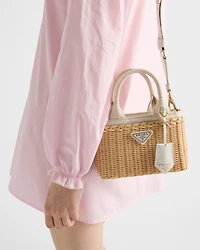 Mini wicker and linen blend tote bag