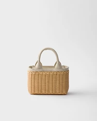 Mini wicker and linen blend tote bag