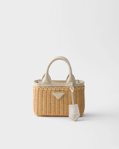 Mini wicker and linen blend tote bag