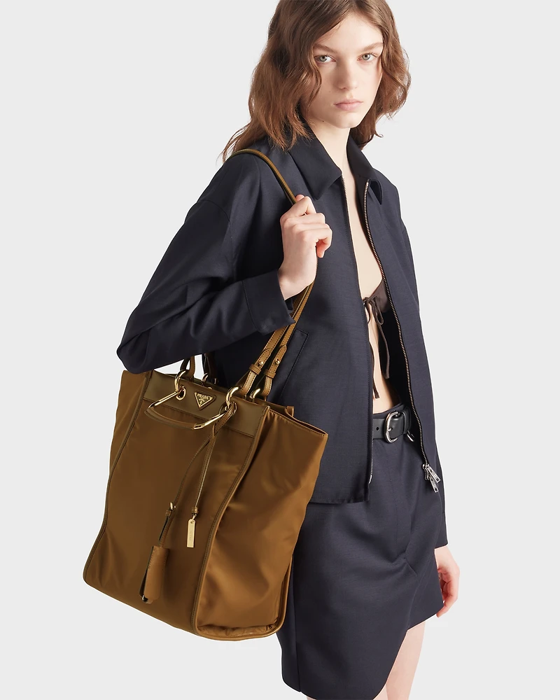 Large Re-Nylon and leather tote bag