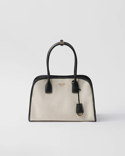 Medium linen blend and leather tote bag