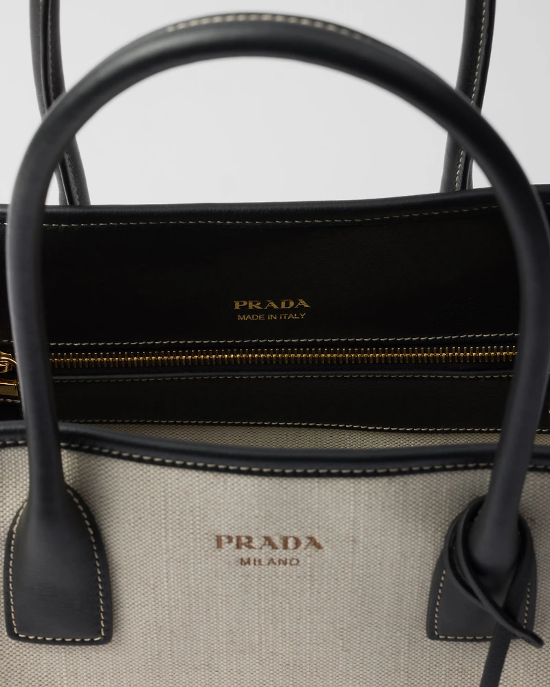 Medium linen blend and leather tote bag