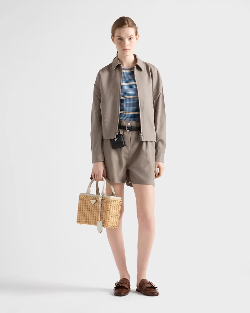 Medium wicker and linen blend tote bag