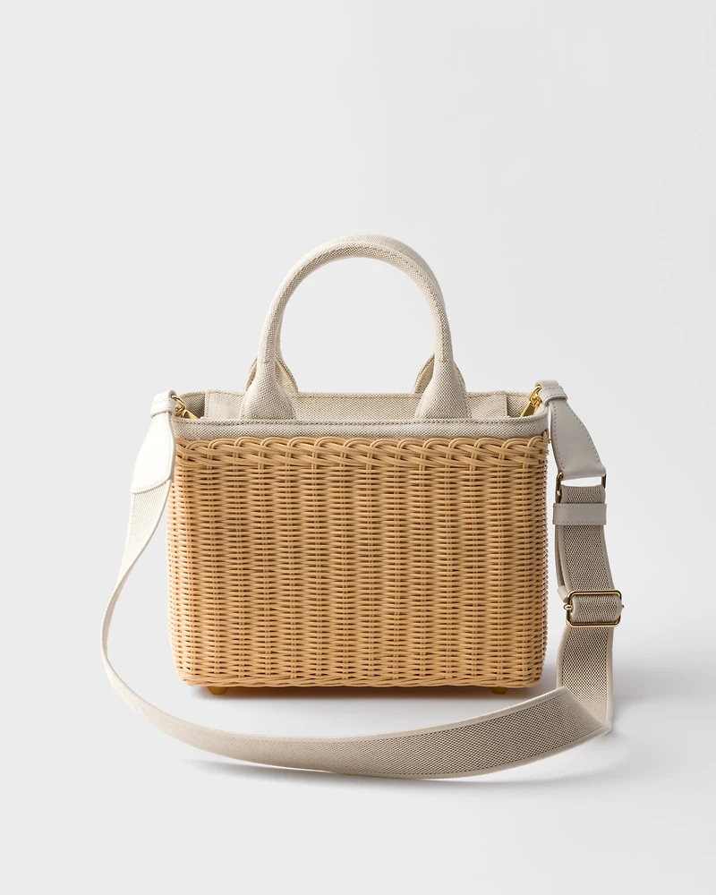 Medium wicker and linen blend tote bag