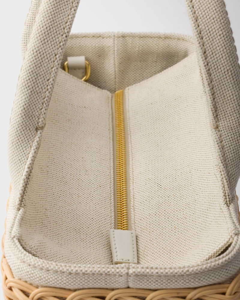 Medium wicker and linen blend tote bag
