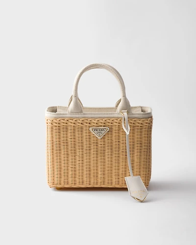 Medium wicker and linen blend tote bag